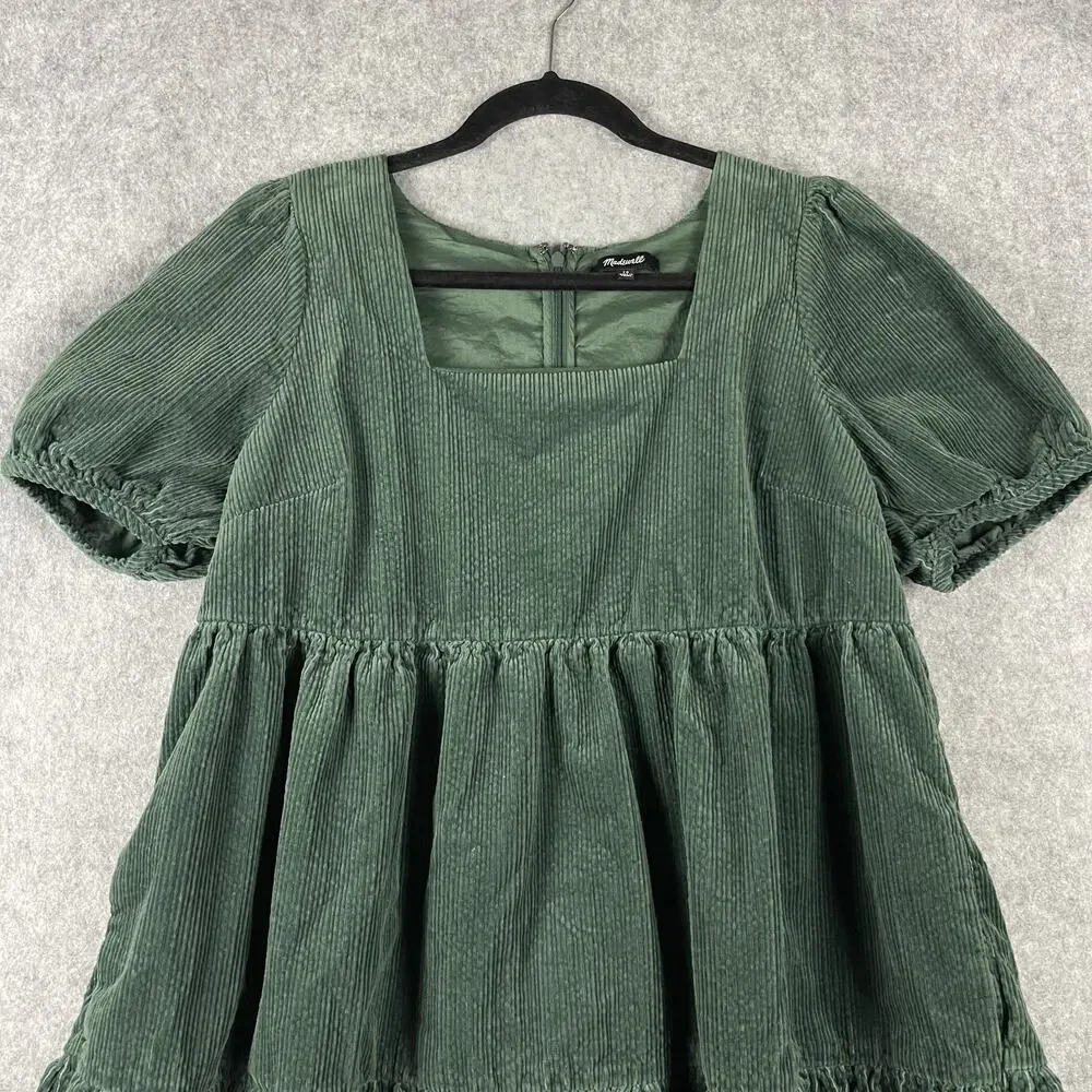 Madewell Corduroy Aidy Dress Womens 10 Green Square Neck Tiered Babydoll Holiday - Picture 3 of 14